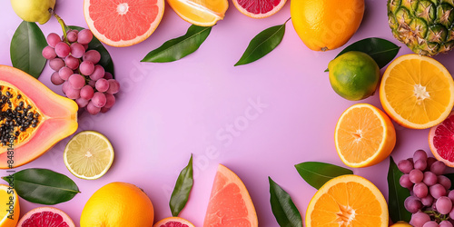 Frame of fresh tropical fruits on a lilac background with copy space