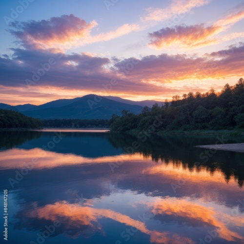 natural sunset view in a place of sea and mountain forests