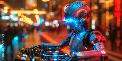 A robot DJ spinning records and mixing music at vibrant neon lights backdrop.