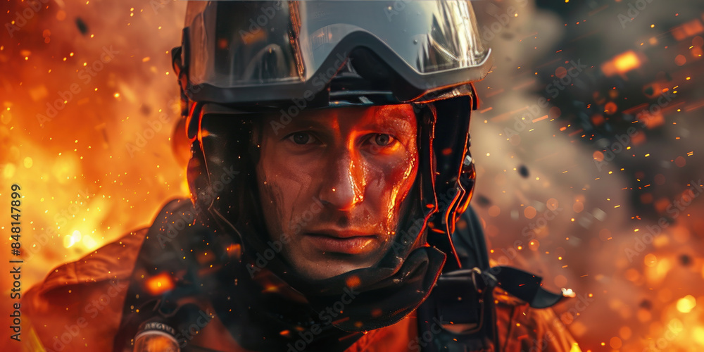 Close-up photo of a firefighter with a fire blazing around him Close-up photo of a firefighter with a fire blazing around him
