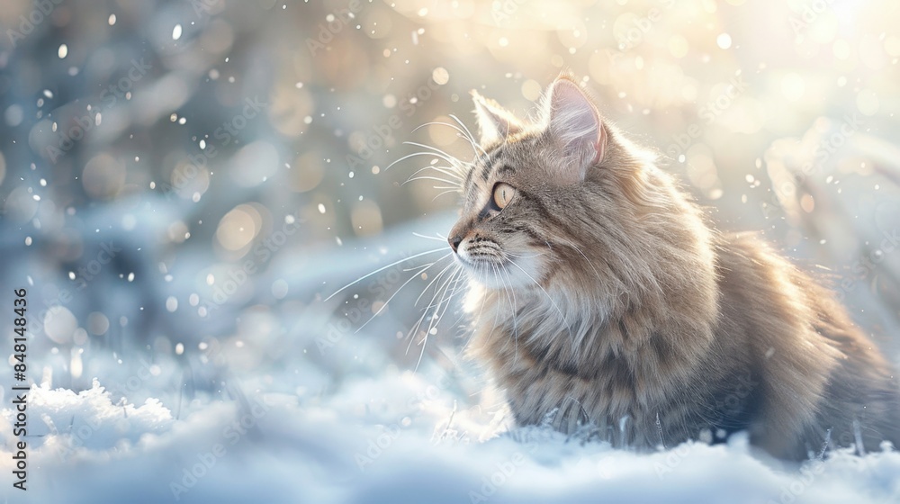 A friendly Siberian cat with a thick, water-resistant coat playing in a snowy scene, light background with frosted trees and falling snow, in a magical, enchanting style. A friendly Siberian cat with a thick, water-resistant coat playing in a snowy scene, light background with frosted trees and falling snow, in a magical, enchanting style.