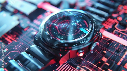 A futuristic smartwatch with a holographic display on a light tech-inspired digital pattern background, showcasing cutting-edge technology.  photo