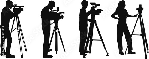 silhouette people shooting video, videographers on a white background vector