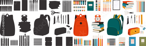 schoolchild set, everything for school, backpack, books, office on a white background vector