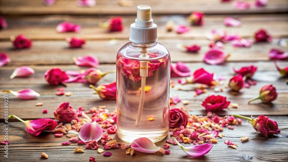 Facial toner with rose petals and witch hazel in a clear bottle. Facial toner with rose petals and witch hazel in a clear bottle.