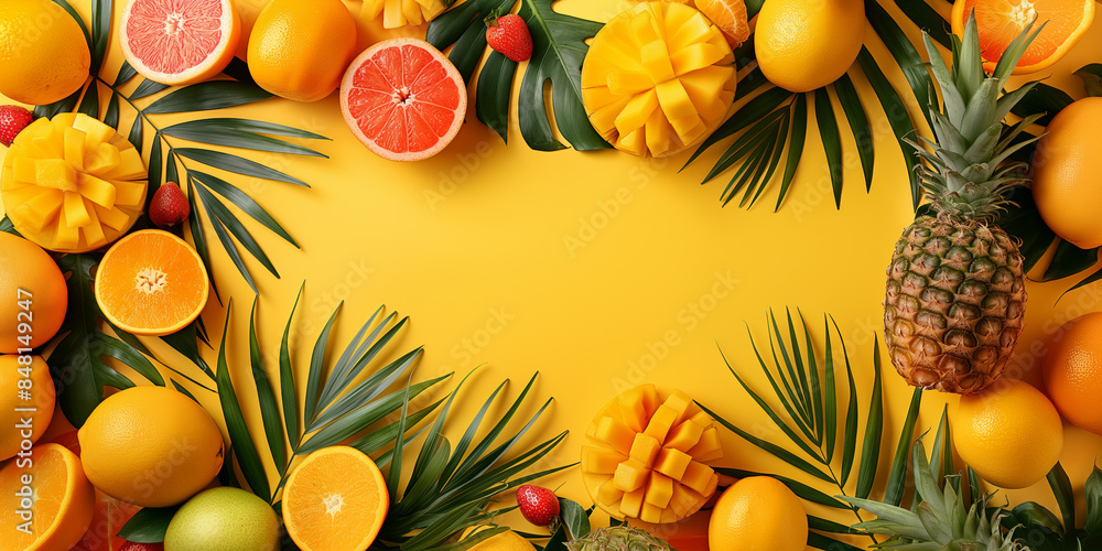 Frame of colorful fresh fruit on a yellow background with copy space Frame of colorful fresh fruit on a yellow background with copy space