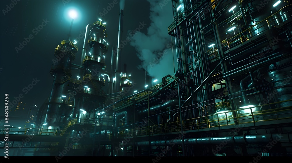 Nighttime Refinery with Intricate Machinery and Vibrant Lighting