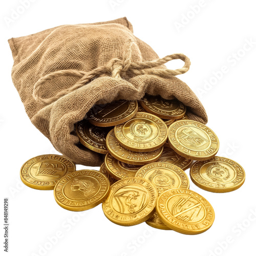 A bag of gold coins is shown on a white background