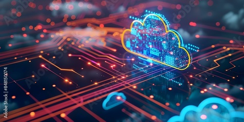 Cloud computing transfers data across global networks for remote digital processing. Concept Digital networking, Remote processing, Cloud technology, Global data transfer, IT infrastructure
