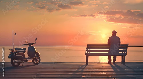 Create a photo-realistic image from a considerable distance, capturing the silhouette of a man seated on a bench at a pier. To his left is a classic old Vespa, also silhouetted against the evening sky photo