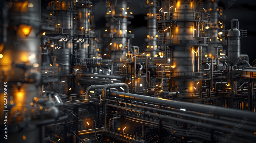 Illuminated Refinery at Night:Intricate Pipework and Towering Structures Illuminated Refinery at Night:Intricate Pipework and Towering Structures