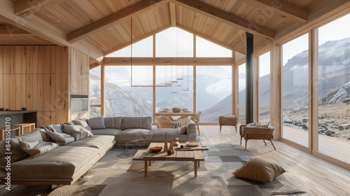 A mountain house model with a chalet design  wooden interiors  and large windows overlooking the landscape
