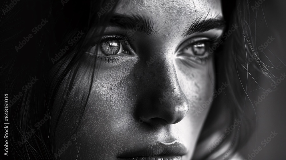 A close-up black and white portrait of a woman with expressive eyes, capturing deep emotion and intensity in her gaze. A close-up black and white portrait of a woman with expressive eyes, capturing deep emotion and intensity in her gaze.