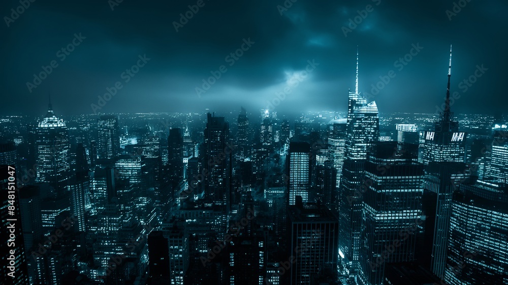 Obraz premium A captivating night cityscape with towering dark skyscrapers illuminated by cool blue lights under a moody, cloudy sky.