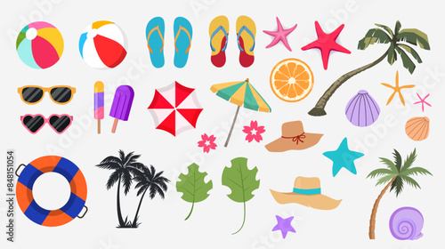 vector design element for summer celebration. summer holiday. beach elements and tropical foliage. design materials. for holiday or travel celebration banner