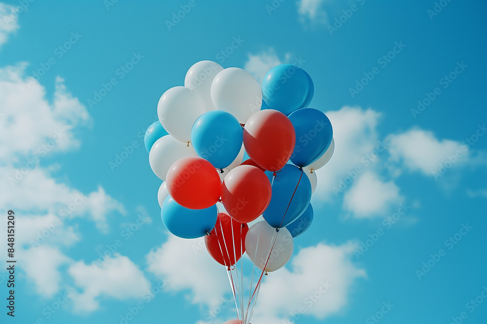 Red, white, and blue balloons tied to an American flag pole on Independence Day, Generative AI Red, white, and blue balloons tied to an American flag pole on Independence Day, Generative AI