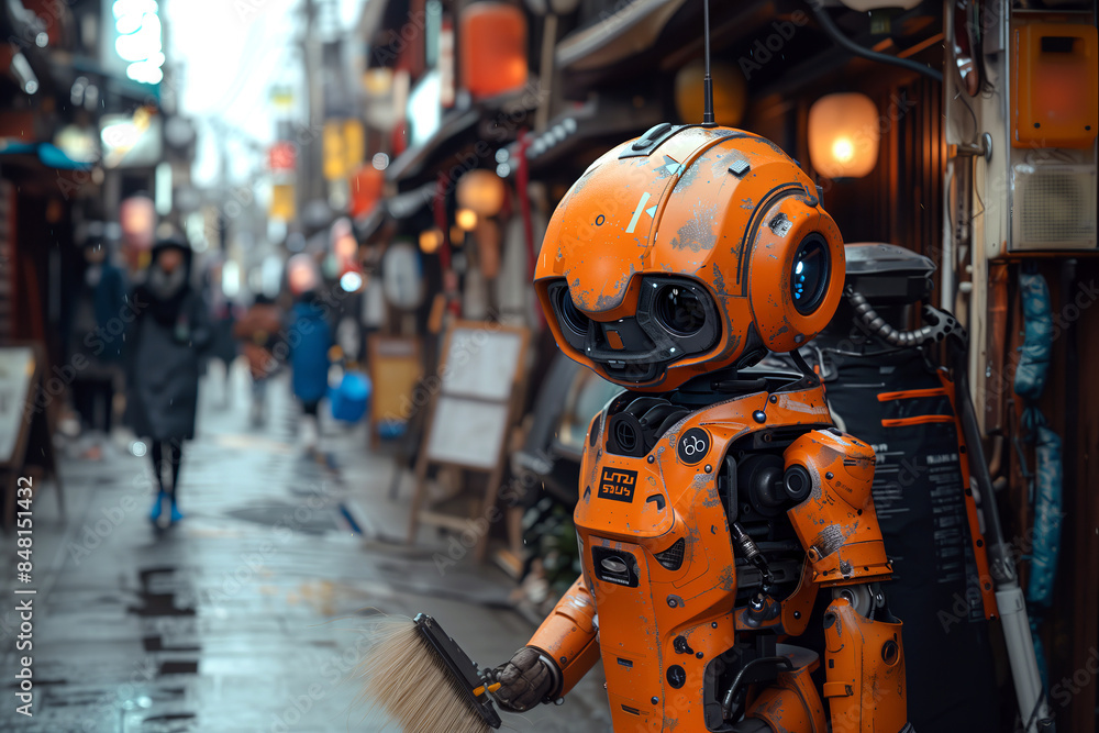 A robotic janitor, an outdated model with peeling paint, stands on the street in a poor neighborhood. A robotic janitor, an outdated model with peeling paint, stands on the street in a poor neighborhood.