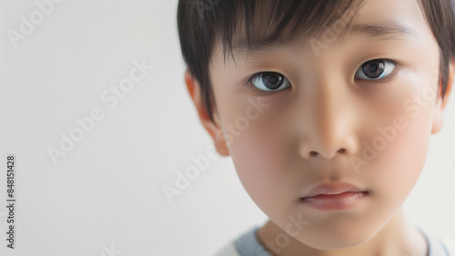 6 years old Asian male, sad or blank expression, copy space