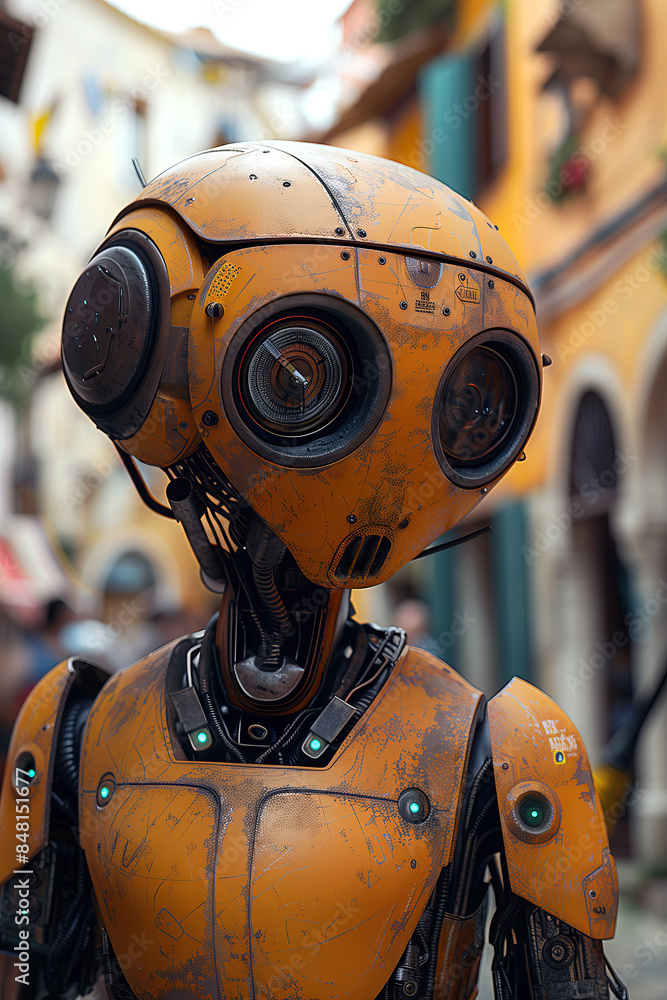 A portrait of an outdated model robot with peeling yelow paint on the blurred old street background. A portrait of an outdated model robot with peeling yelow paint on the blurred old street background.