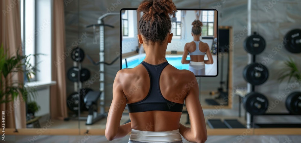 Woman exercising in a home gym, doing a workout while looking in a mirror, with fitness equipment in the background. Woman exercising in a home gym, doing a workout while looking in a mirror, with fitness equipment in the background.