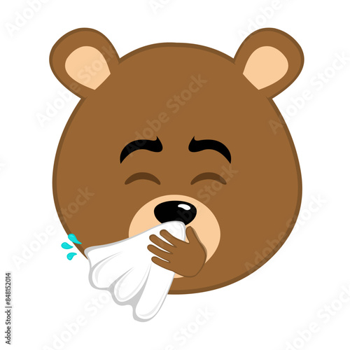 vector illustration face brown bear grizzly cartoon sneezing with a nose handkerchief