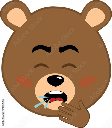 vector illustration face brown bear grizzly cartoon, coughing with your hand in your mouth