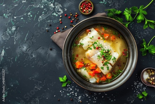 Soup Background. Top View of Fresh Fish Soup in Bowl on Dark Background