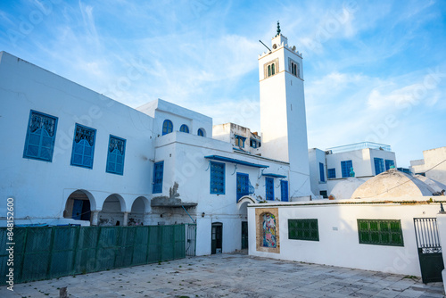 White-blue city of Sidi Bou Said, Tunisia. Eastern fairy tale with a French charm. View of an old historic building, Sidi Bou Said Carthage, Tunisia.