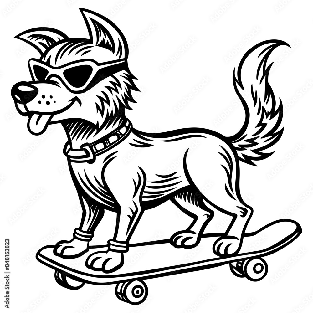 Obraz premium A cute dog standing and wearing sunglass enjoying on skateboard