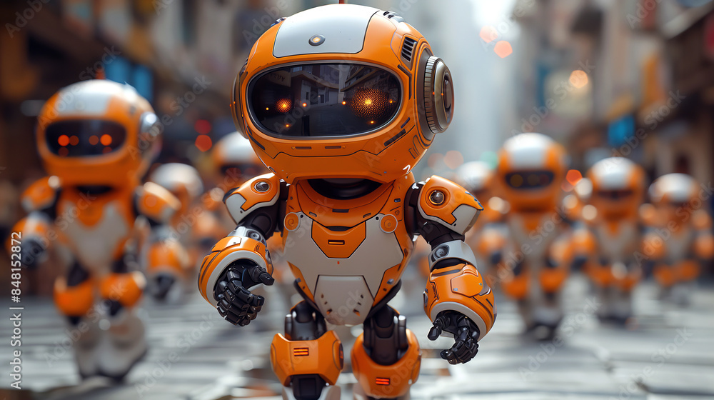 Many identical robots are hurrying about their business on a city street. Many identical robots are hurrying about their business on a city street.