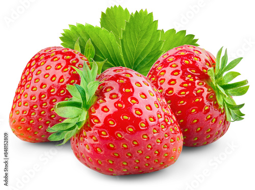 Strawberry isolated png. Strawberry with leaf on transparent background. PNG format. Three strawberries with no background. Full depth of field.