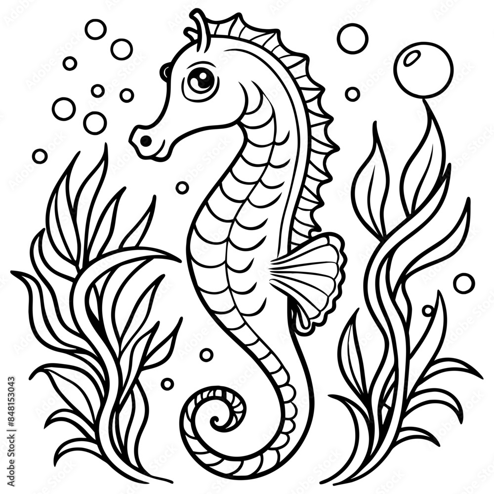 Fototapeta premium Black and white Seahorse amidst seaweed and bubbles, coloring page.