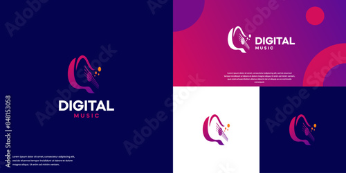 guitar logo with pixels, digital audio, logo design vector.