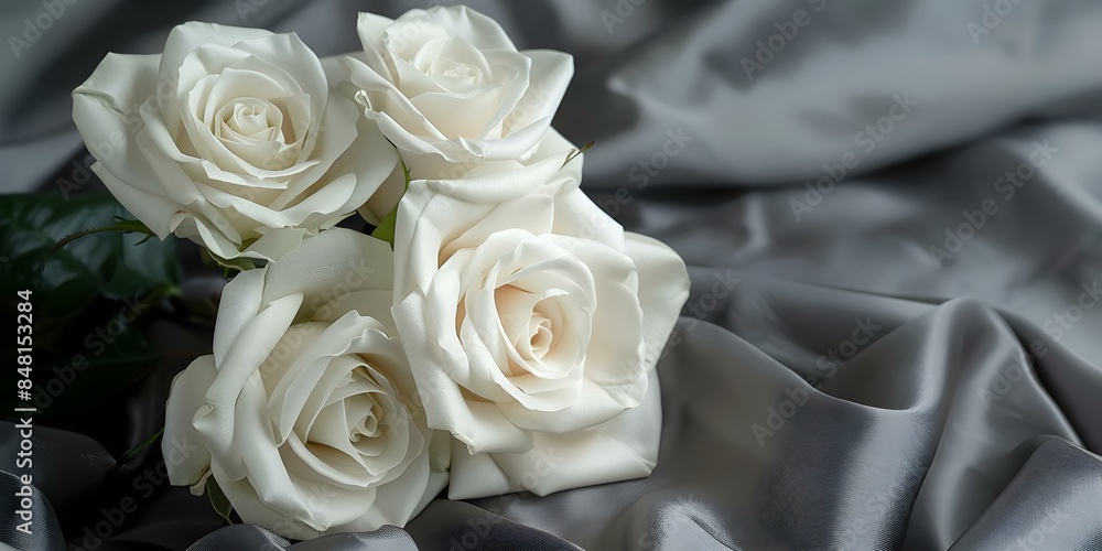 A bouquet of white roses on a gray silk fabric. Concept Elegant Floral Arrangement, Silk Background, White Roses Bouquet, Stylish Photography
