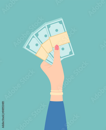Female hand holding stacks of money on a green background. Flat vector illustration