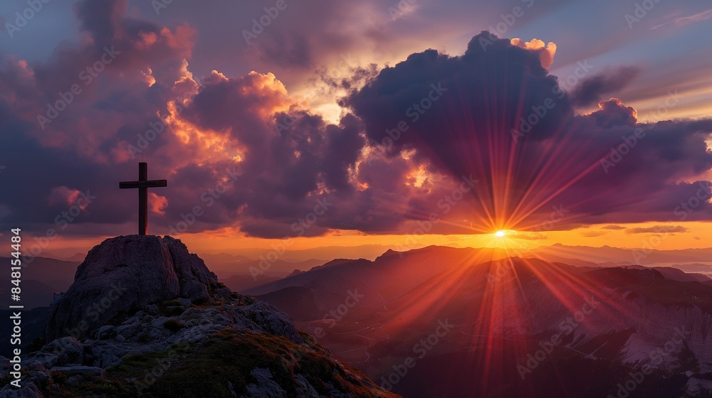 Cross on a mountain peak at sunrise with colorful clouds in the sky. Cross on a mountain peak at sunrise with colorful clouds in the sky.