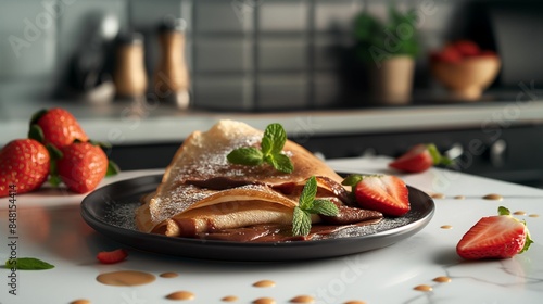 Crepes drizzled with chocolate and topped with fresh strawberries and mint on a white plate.