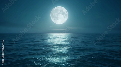 Full moon over the ocean with moonlight reflection on water.