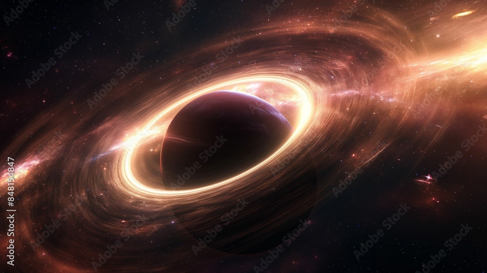 Black hole with glowing accretion disk in outer space surrounded by stars and galaxies. Black hole with glowing accretion disk in outer space surrounded by stars and galaxies.