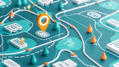 Local SEO illustrated as a map with location pins, showing businesses popping up like lively storefronts in a neighborhood, attracting local customers with optimized online presence.