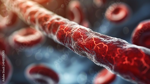 An image depicting a narrowed blood vessel with surrounding red blood cells, illustrating the concept of blood flow and vessel health photo