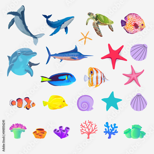 set pack of sea animals and coral reef elements. For banners and brochures. Vector design with concept of beach holiday recreation