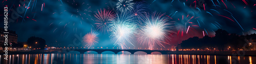 Color fireworks in the night background - france colors for 14th of July photo