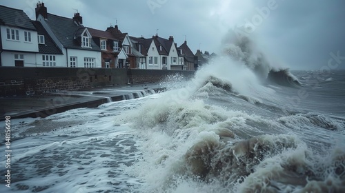 A storm surge floods a coastal area, waves crashing over sea walls and into the streets. © Thirawat