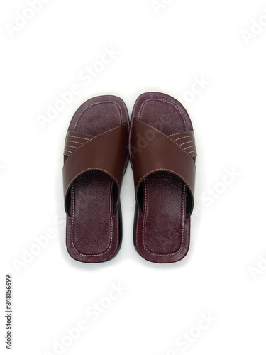 Men's flat photo colourful slippers isolated on white background. Top view angle