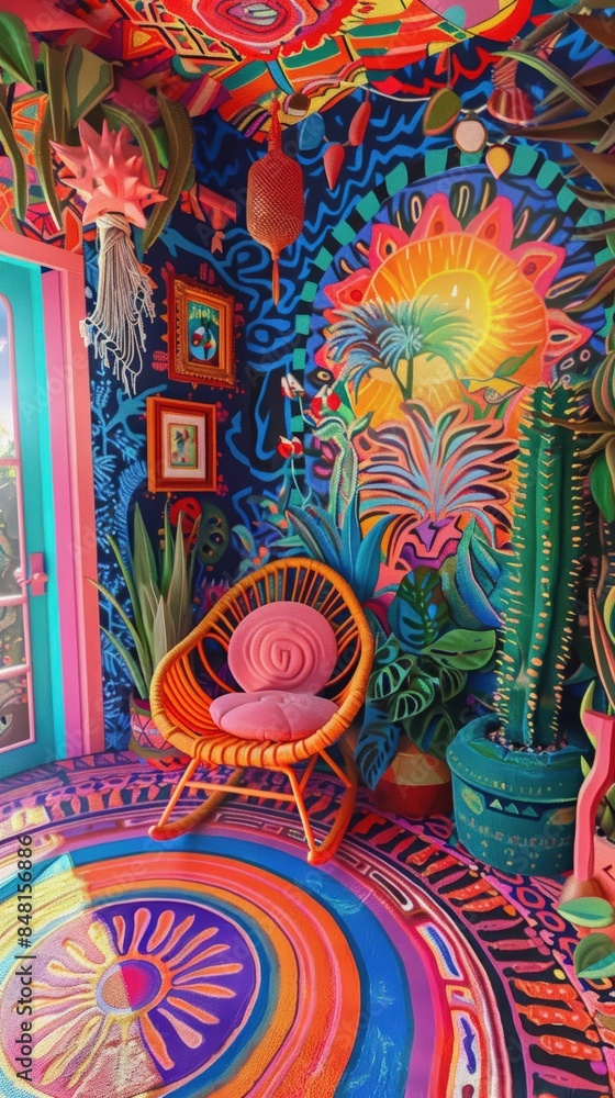 Fototapeta premium Vibrant and colorful bohemian room with bold patterns, eclectic furniture, and abundant plants creating a lively and artistic atmosphere.