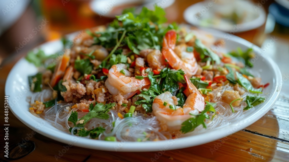 A tangy and flavorful plate of Yam Woon Sen, a glass noodle salad with shrimp, minced pork, and fresh herbs A tangy and flavorful plate of Yam Woon Sen, a glass noodle salad with shrimp, minced pork, and fresh herbs