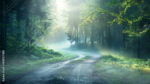 Enchanting Forest Pathway with Morning Sunlight and Mist - Serene Nature Landscape with Lush Greenery and Tranquil Atmosphere