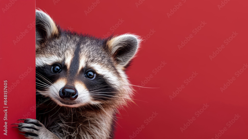 Obraz premium Curious raccoon peeking from behind a red wall.