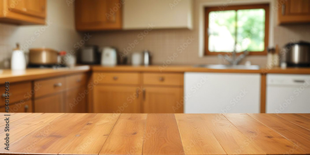 Wooden table top on blur modern kitchen interior background Wooden table top on blur modern kitchen interior background